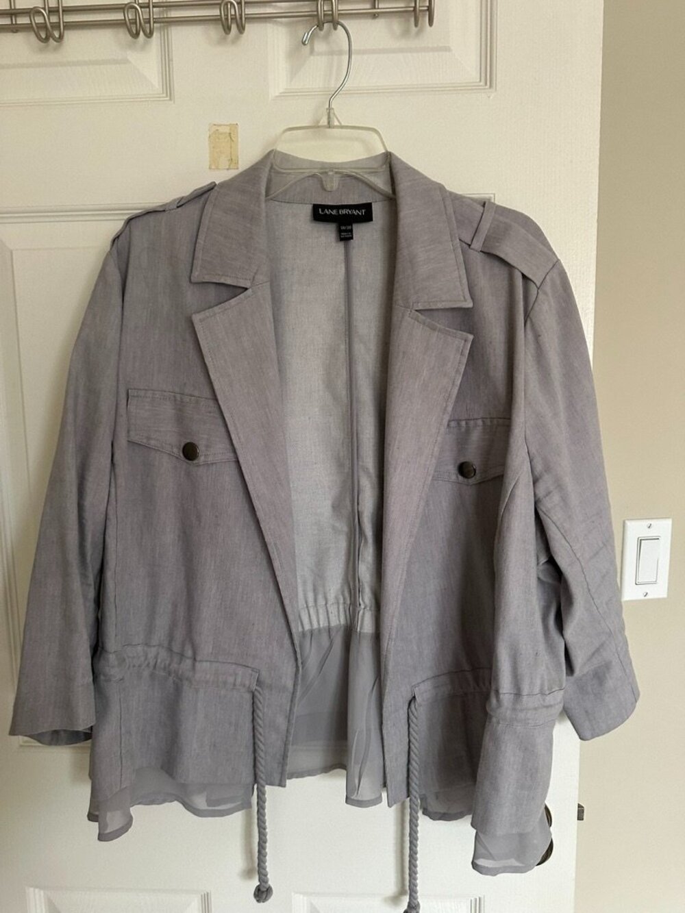 Lane Bryant Lightweight Jacket 18/20 Gray Utility Blazer Open Front Tie Waist